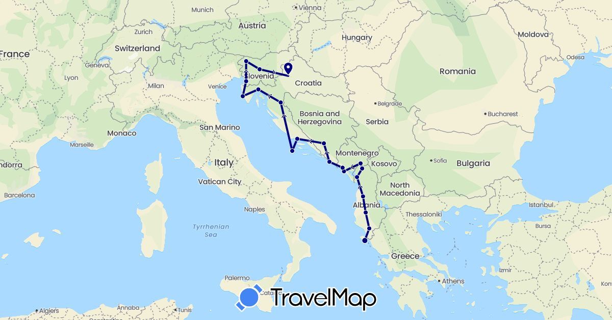 TravelMap itinerary: driving in Albania, Bosnia and Herzegovina, Greece, Croatia, Italy, Montenegro, Slovenia (Europe)